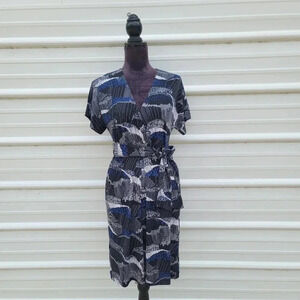 BCBG Max Azria WomensBlue Black Gray Dress Wrap V-neck Dress Stretch Tie Belt S